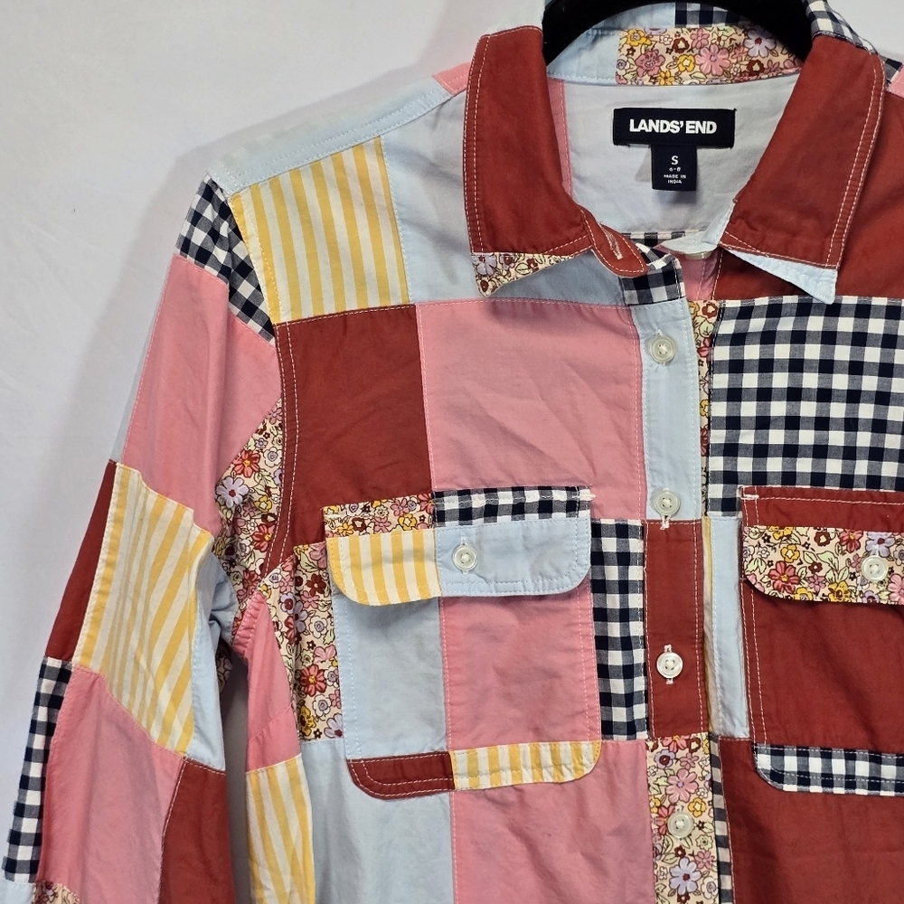 Lands End Plaid Patchwork Checkered Button Front … - image 2